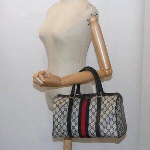 GUCCI GG Supreme Sherry Line Boston Bag PVC Leather Red Navy Auth